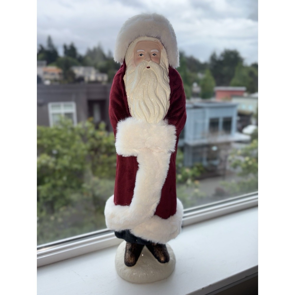 Freestanding Santa Claus Figurine Red Coat White Faux Fur Trim Fabric Decor